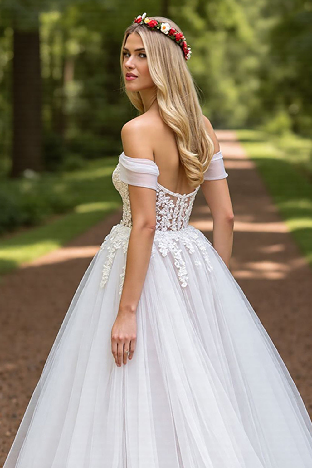 Tulle A-Line Ivory Sweep Train Wedding Dress with Slit