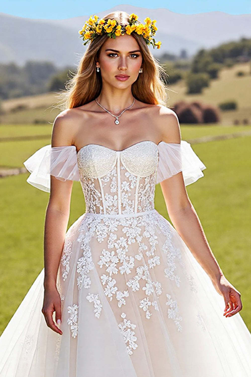Tulle A-Line Corset Ivory Sweep Train Wedding Dress with Appliques