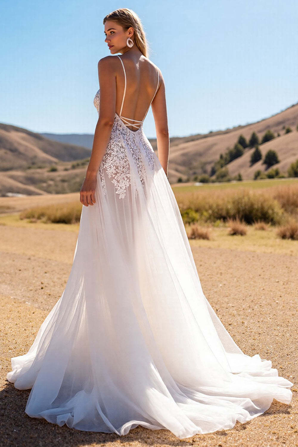 Boho Ivory A Line Sweep Train Wedding Dress with Lace