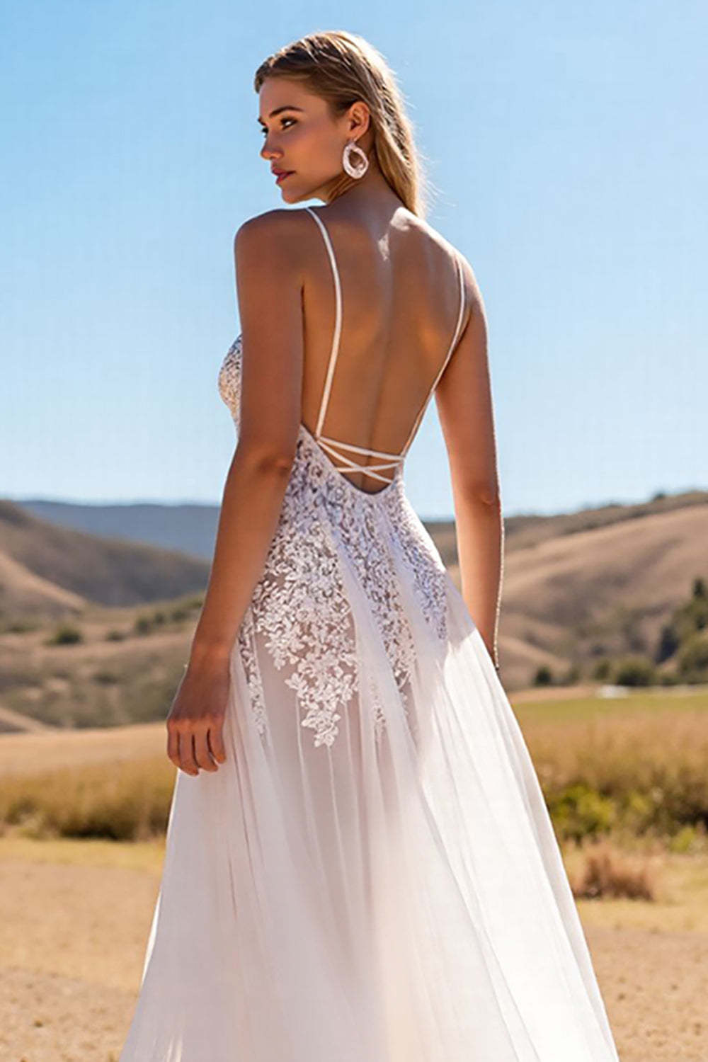 Boho Ivory A Line Sweep Train Wedding Dress with Lace
