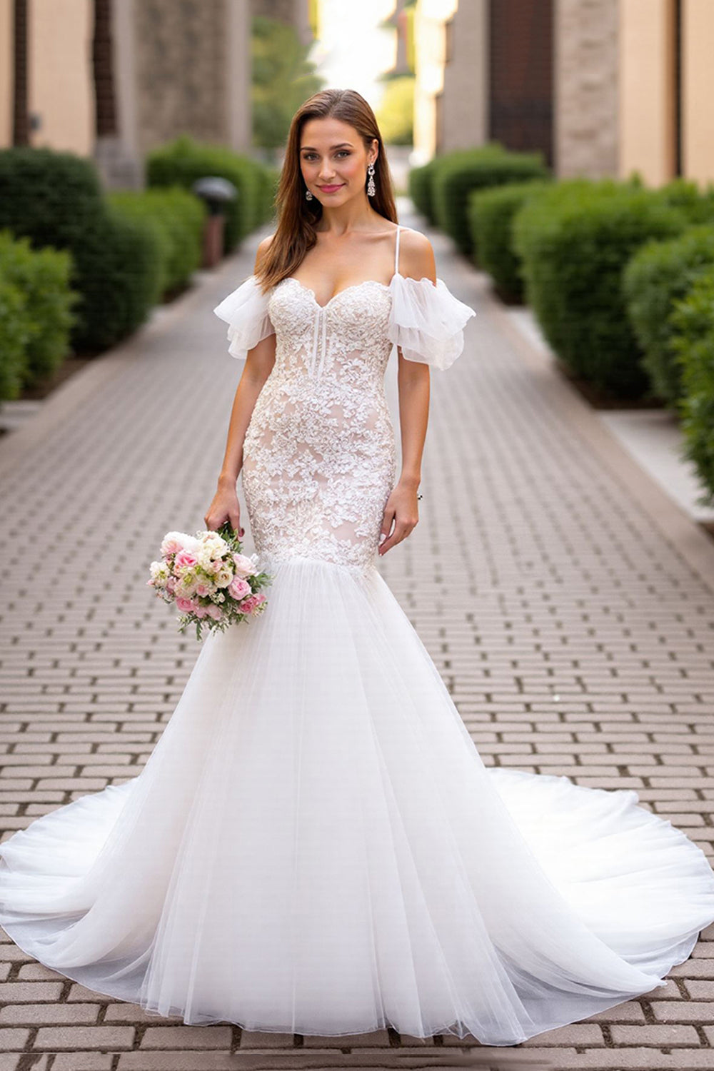 Tulle Ivory Cold Shoulder Mermaid Sweep Train Wedding Dress with Lace