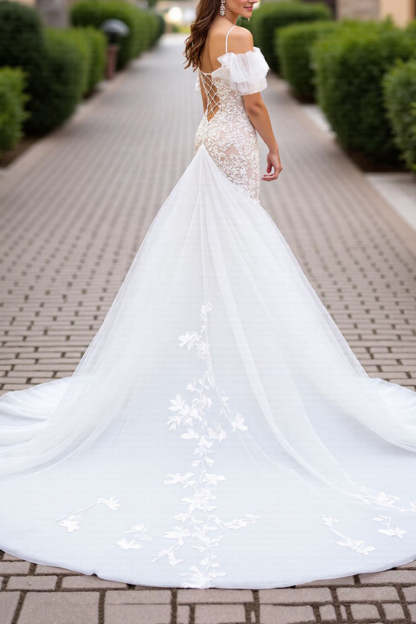 Tulle Ivory Cold Shoulder Mermaid Sweep Train Wedding Dress with Lace