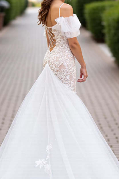 Tulle Ivory Cold Shoulder Mermaid Sweep Train Wedding Dress with Lace