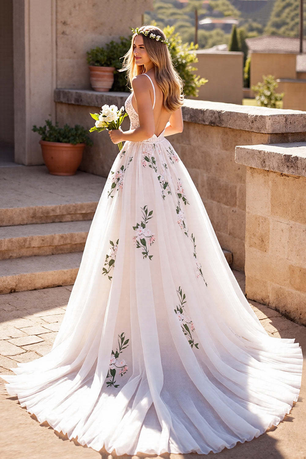 Ivory Deep V-Neck Floral Sweep Train Tulle Wedding Dress with Lace