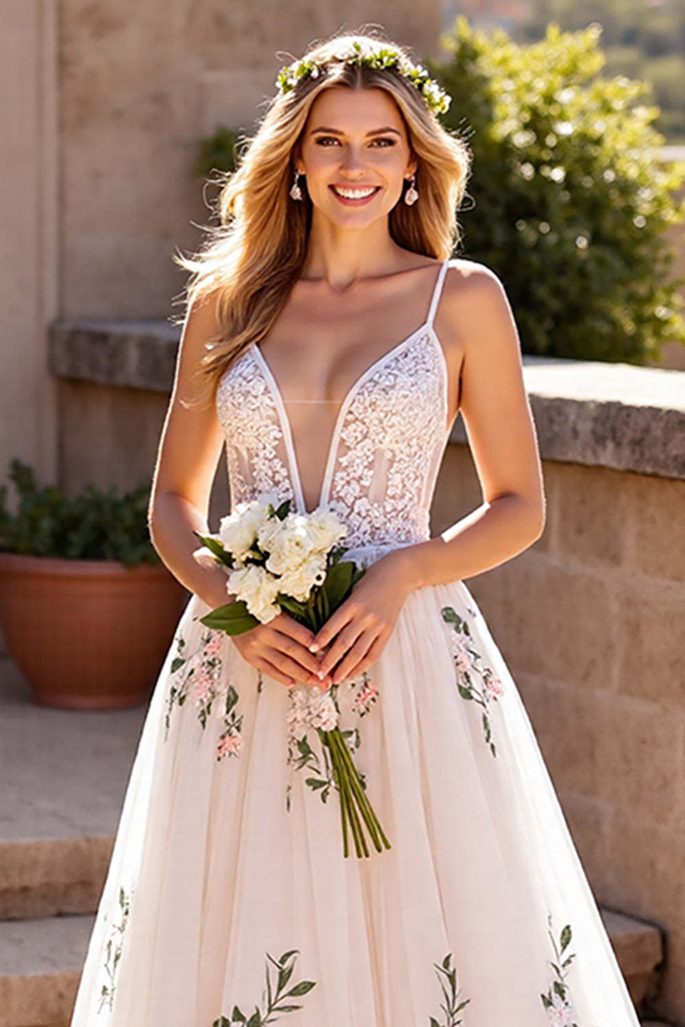 Ivory Deep V-Neck Floral Sweep Train Tulle Wedding Dress with Lace