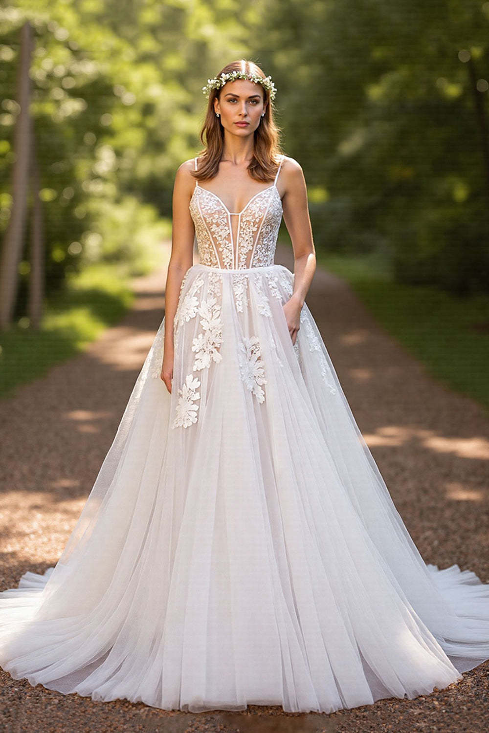 Leely Women Ivory Corset Sweep Train Wedding Dress with Lace Spaghetti Straps Tulle A-Line Bridal Dress