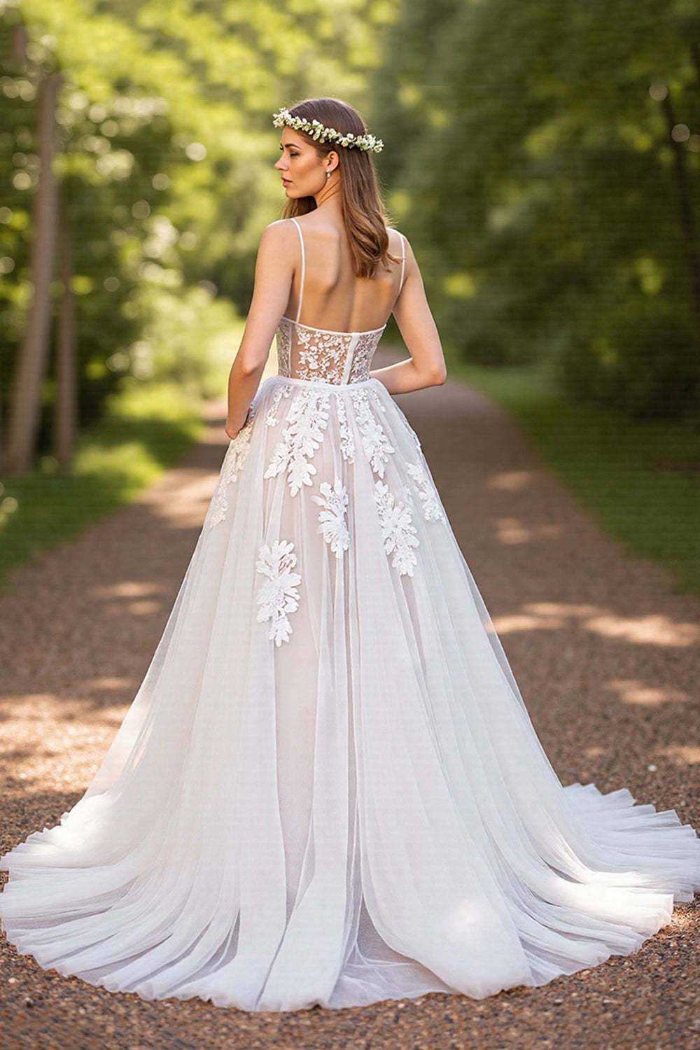 A-Line Tulle Corset Ivory Sweep Train Wedding Dress with Lace