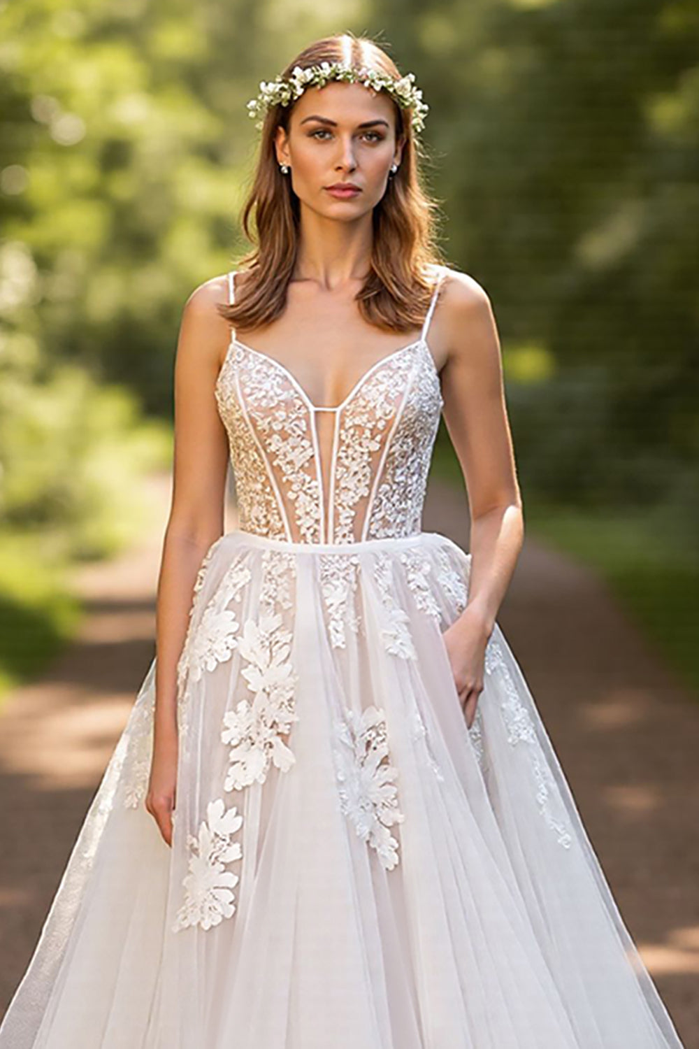 A-Line Tulle Corset Ivory Sweep Train Wedding Dress with Lace