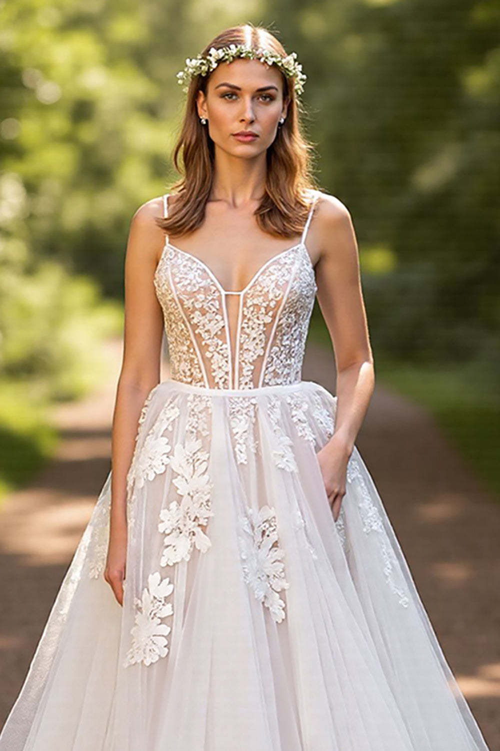 A-Line Tulle Corset Ivory Sweep Train Wedding Dress with Lace