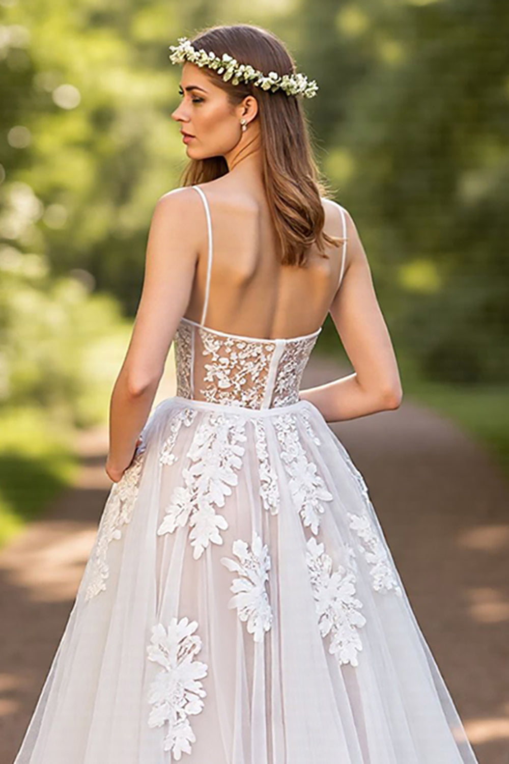A-Line Tulle Corset Ivory Sweep Train Wedding Dress with Lace