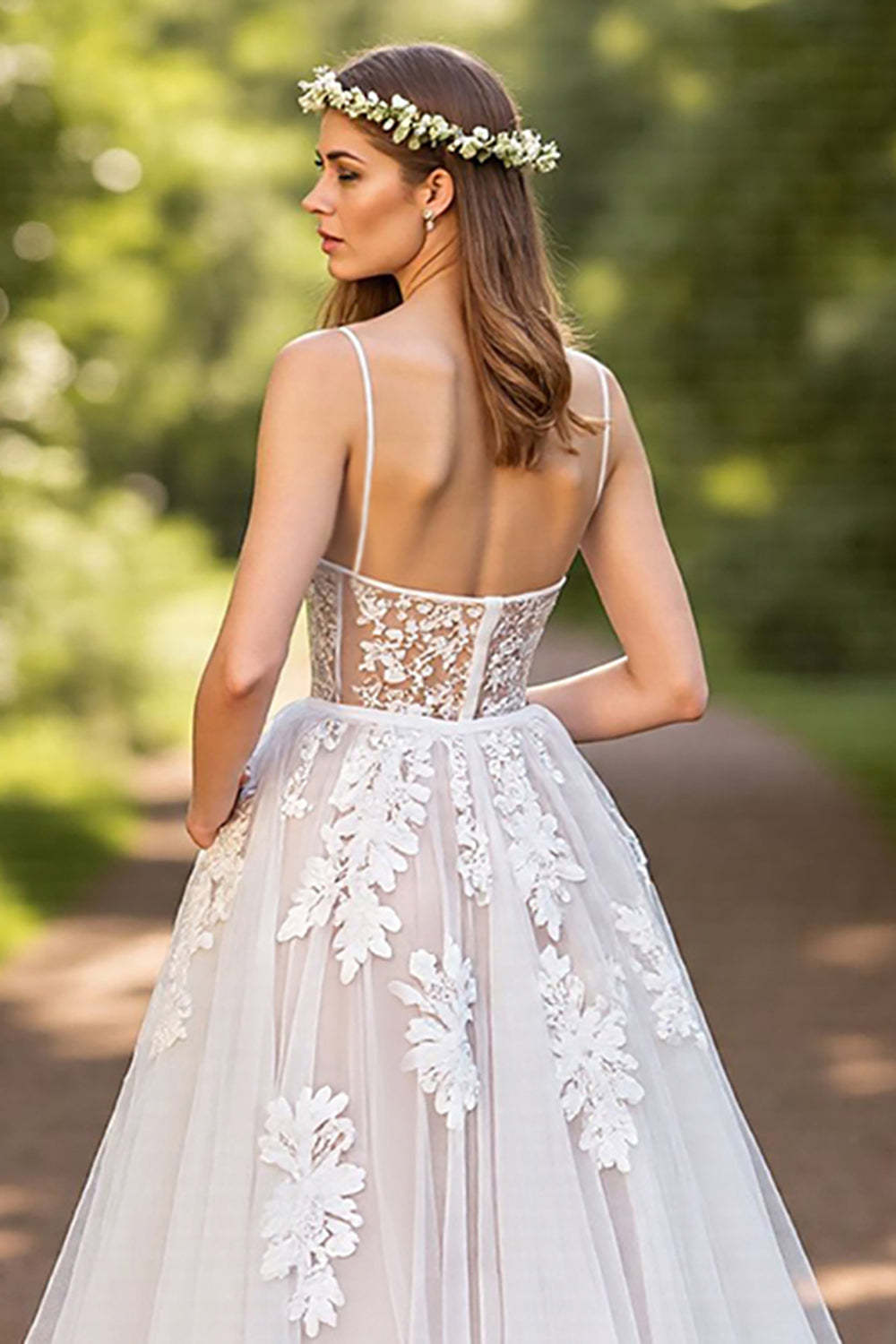 A-Line Tulle Corset Ivory Sweep Train Wedding Dress with Lace