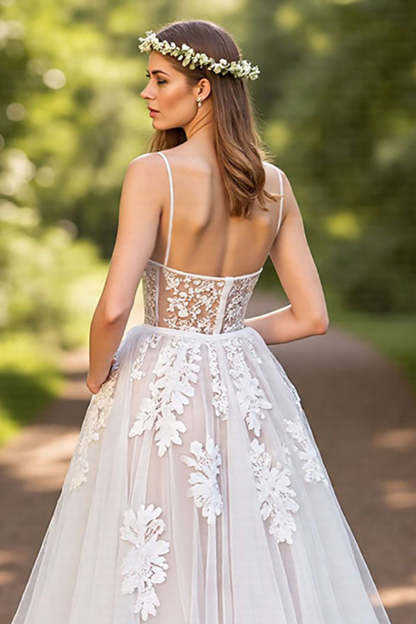 A-Line Tulle Corset Ivory Sweep Train Wedding Dress with Lace