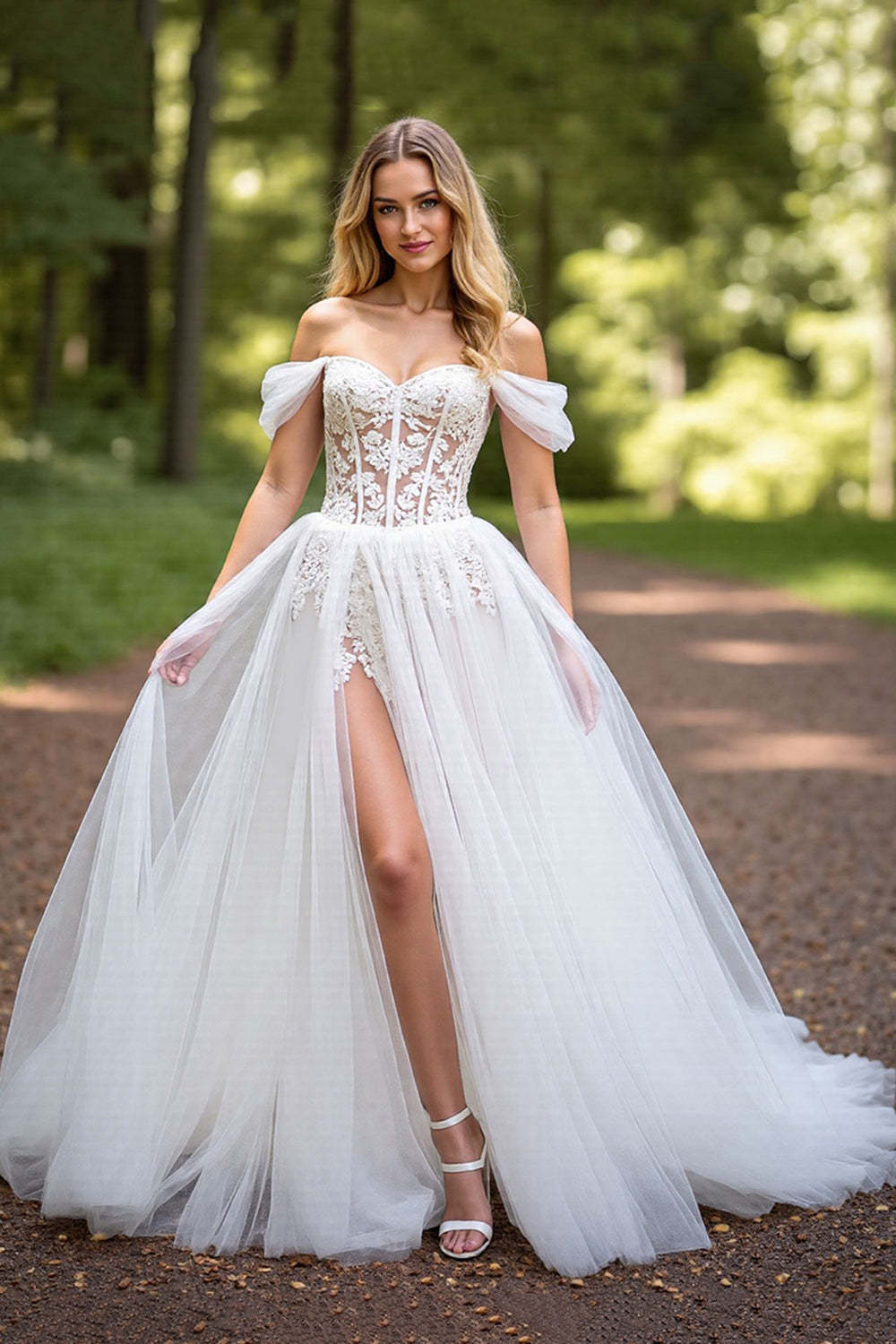 Leely Women Ivory Corset A-Line Sweep Train Wedding Dress with Appliques Off the Shoulder Tulle Backless Bridal Dress with Slit