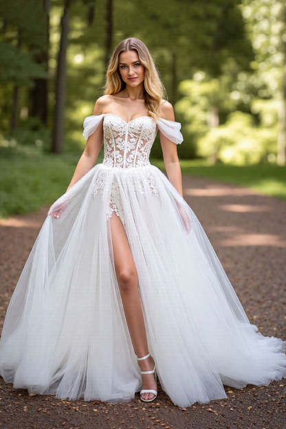 Leely Women Ivory Corset A-Line Sweep Train Wedding Dress with Appliques Off the Shoulder Tulle Backless Bridal Dress with Slit