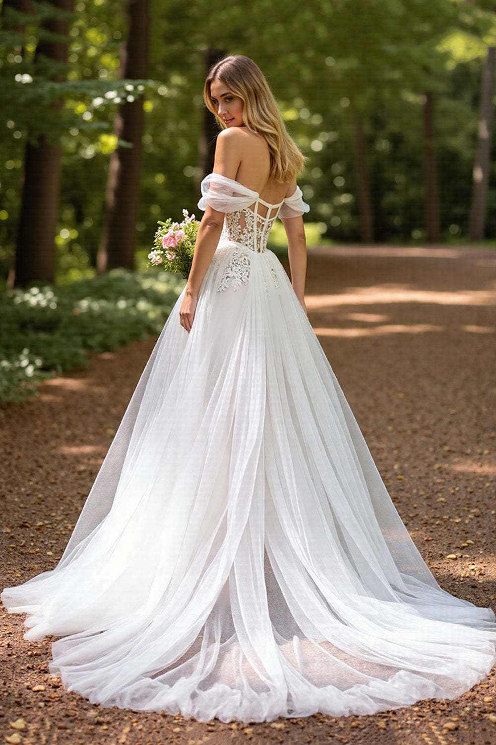 Tulle A-Line Corset Ivory Sweep Train Wedding Dress with Slit