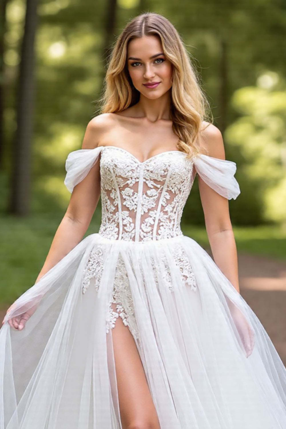 Tulle A-Line Corset Ivory Sweep Train Wedding Dress with Slit