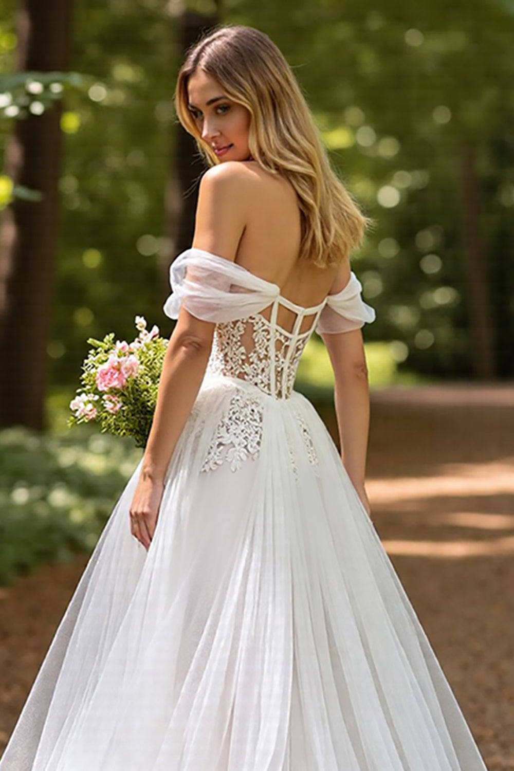 Tulle A-Line Corset Ivory Sweep Train Wedding Dress with Slit