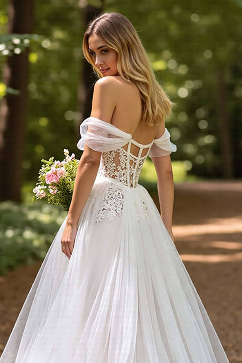 Tulle A-Line Corset Ivory Sweep Train Wedding Dress with Slit