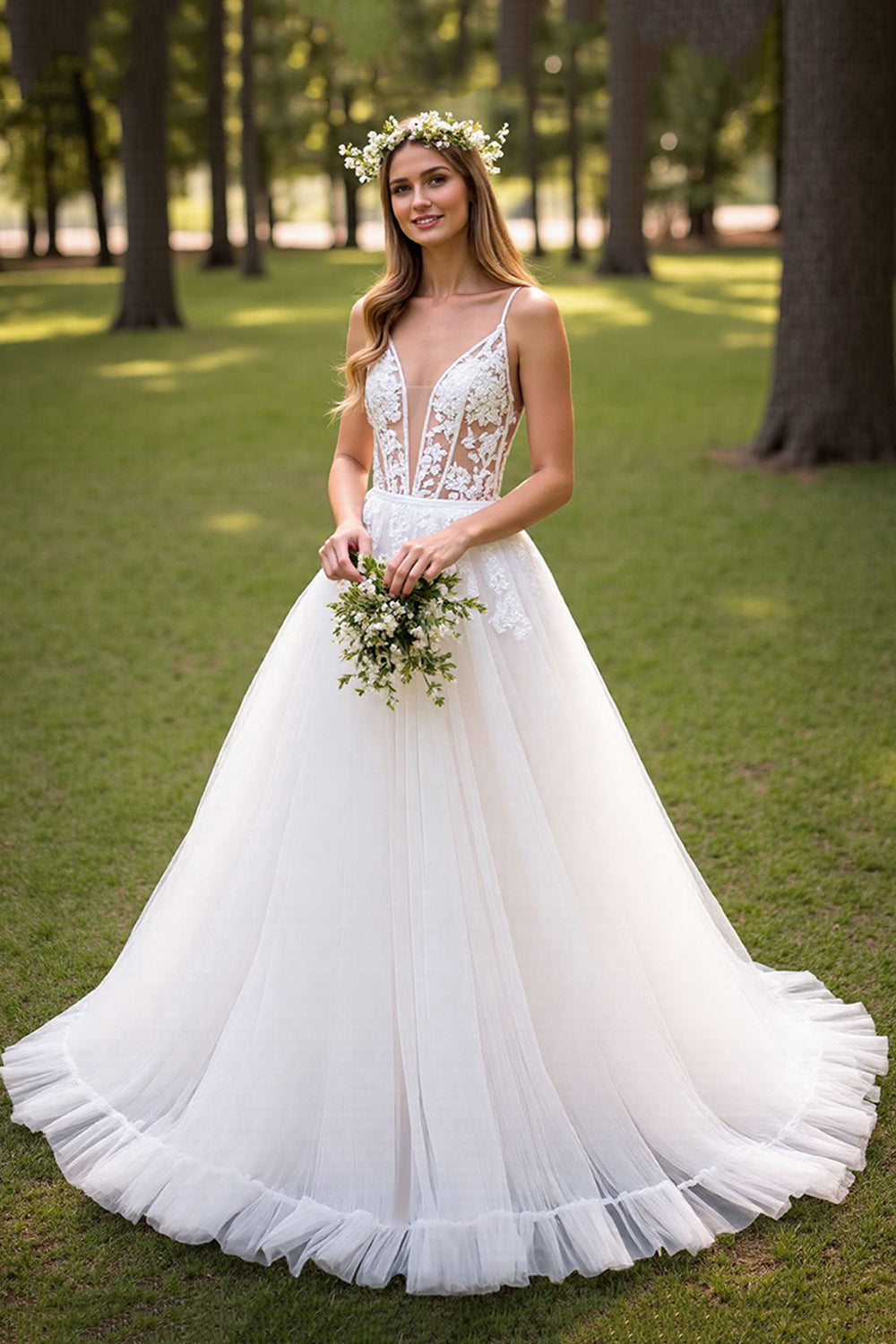 Leely Women Ivory Tulle Corset Wedding Dress with Appliques Deep V-Neck A-Line Backless Sweep Train Bridal Dress