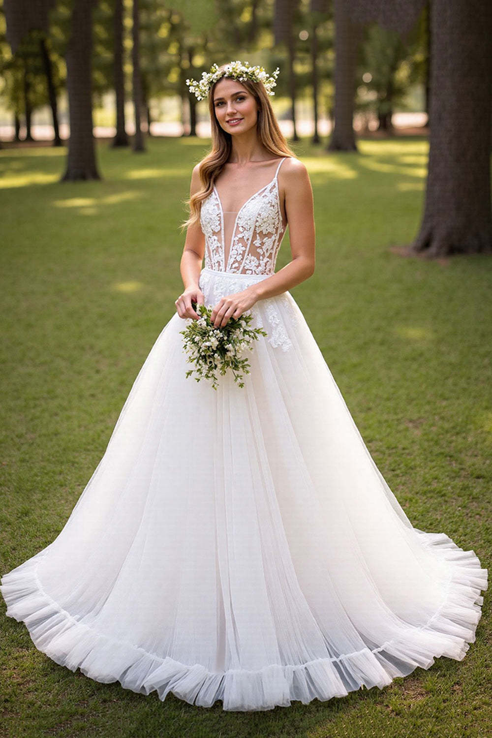 Leely Women Ivory Tulle Corset Wedding Dress with Appliques Deep V-Neck A-Line Backless Sweep Train Bridal Dress