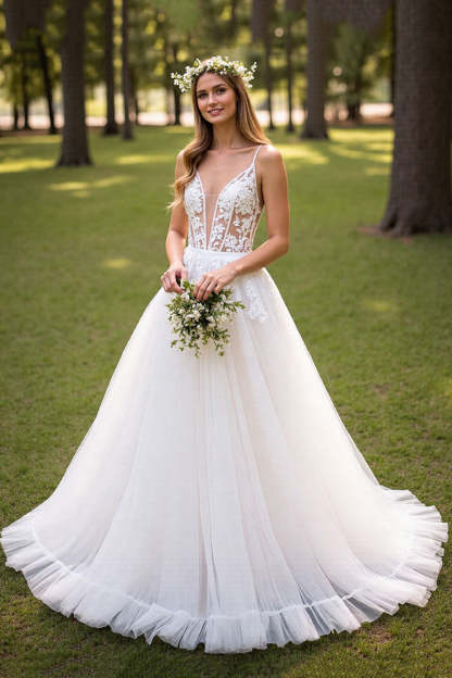 Leely Women Ivory Tulle Corset Wedding Dress with Appliques Deep V-Neck A-Line Backless Sweep Train Bridal Dress
