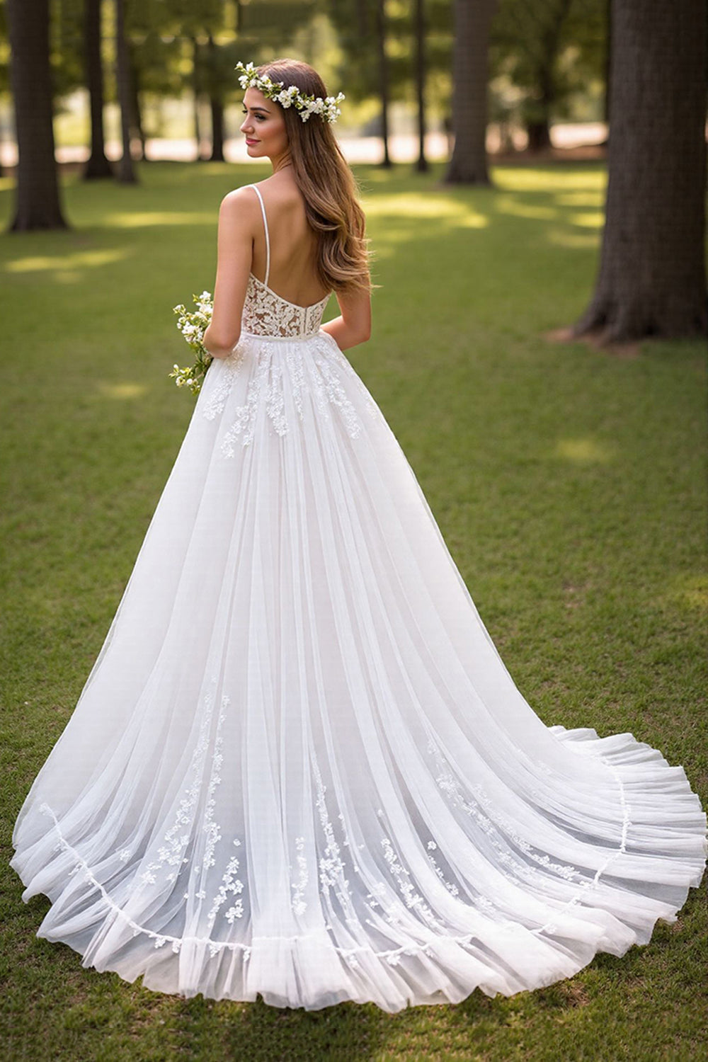 Ivory Tulle Corset Sweep Train Wedding Dress with Appliques