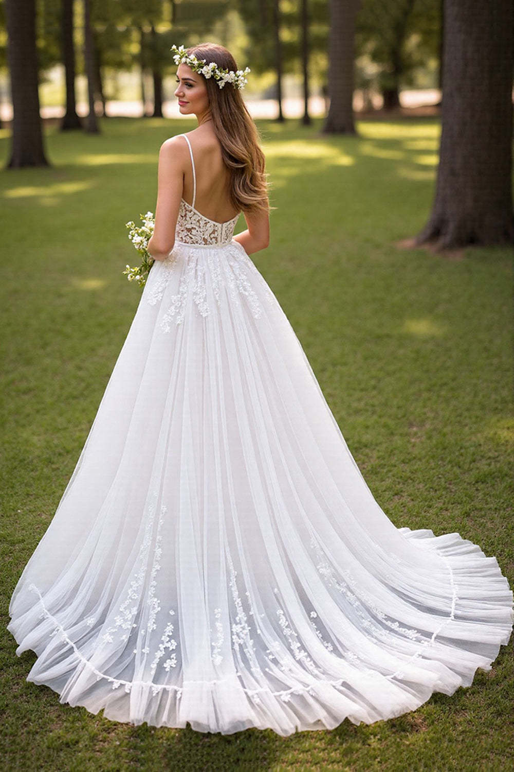 Ivory Tulle Corset Sweep Train Wedding Dress with Appliques