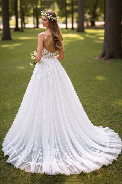 Ivory Tulle Corset Sweep Train Wedding Dress with Appliques