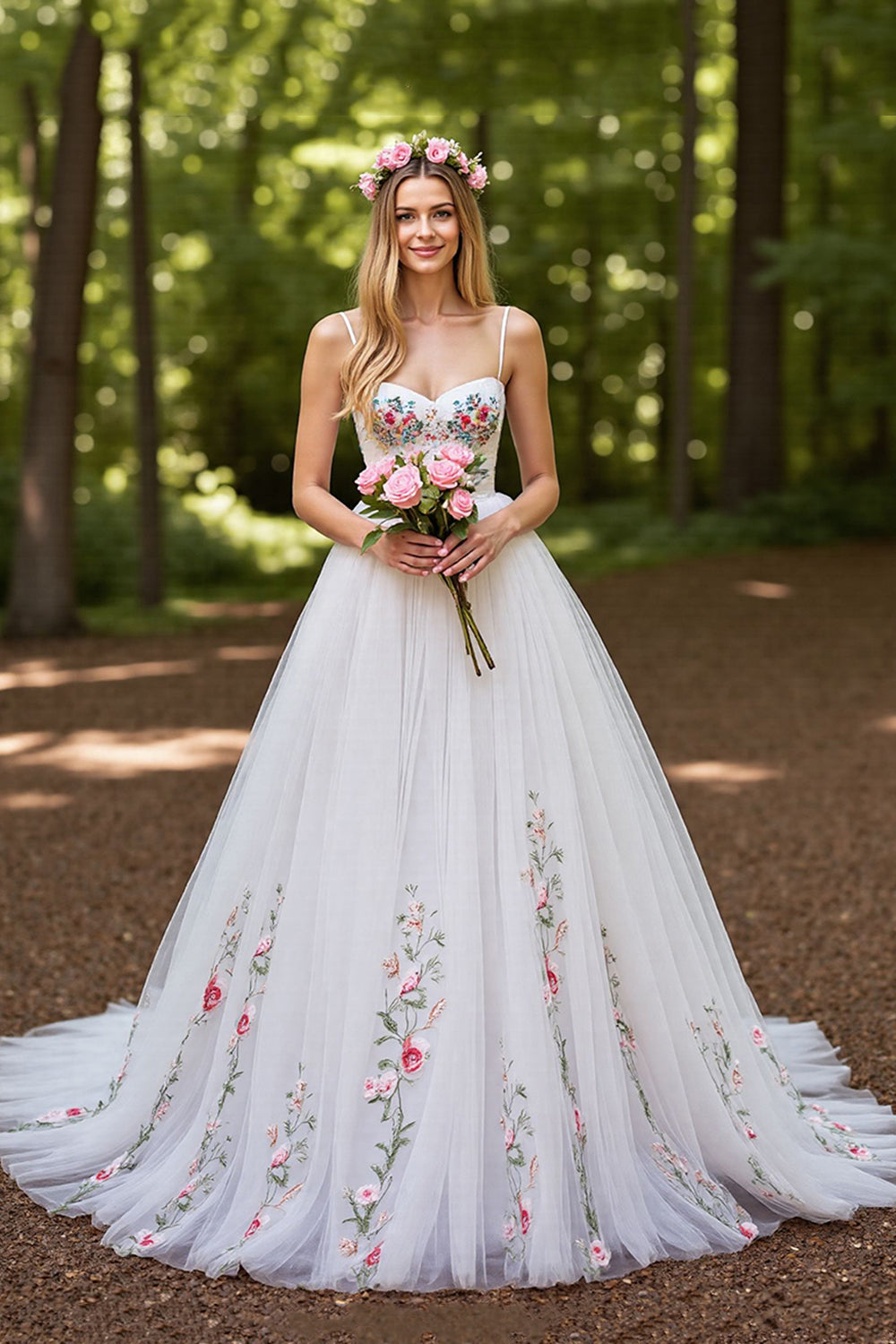 Ivory Floral Ball Gown Tulle Sweep Train Wedding Dress