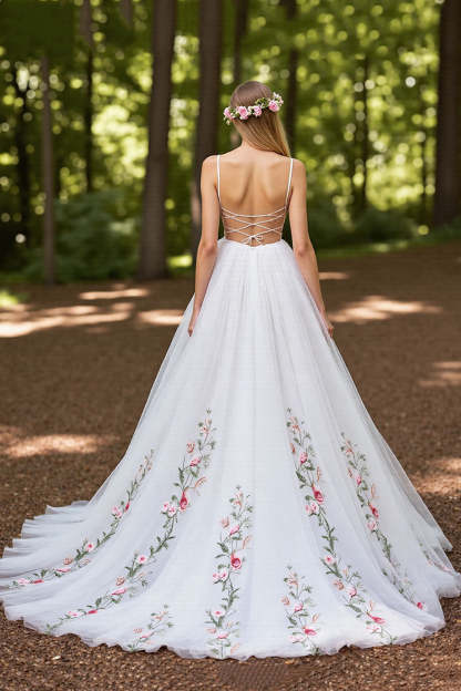 Ivory Floral Ball Gown Tulle Sweep Train Wedding Dress