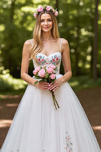 Ivory Floral Ball Gown Tulle Sweep Train Wedding Dress