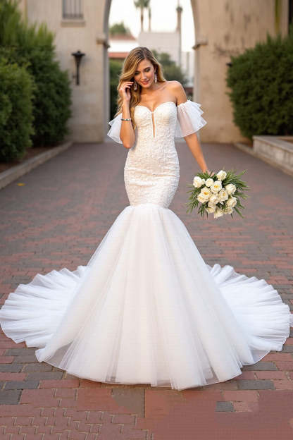 Leely Women Ivory Sweetheart Mermaid Sweep Train Wedding Dress with Sleeves Tulle Bridal Dress with Lace