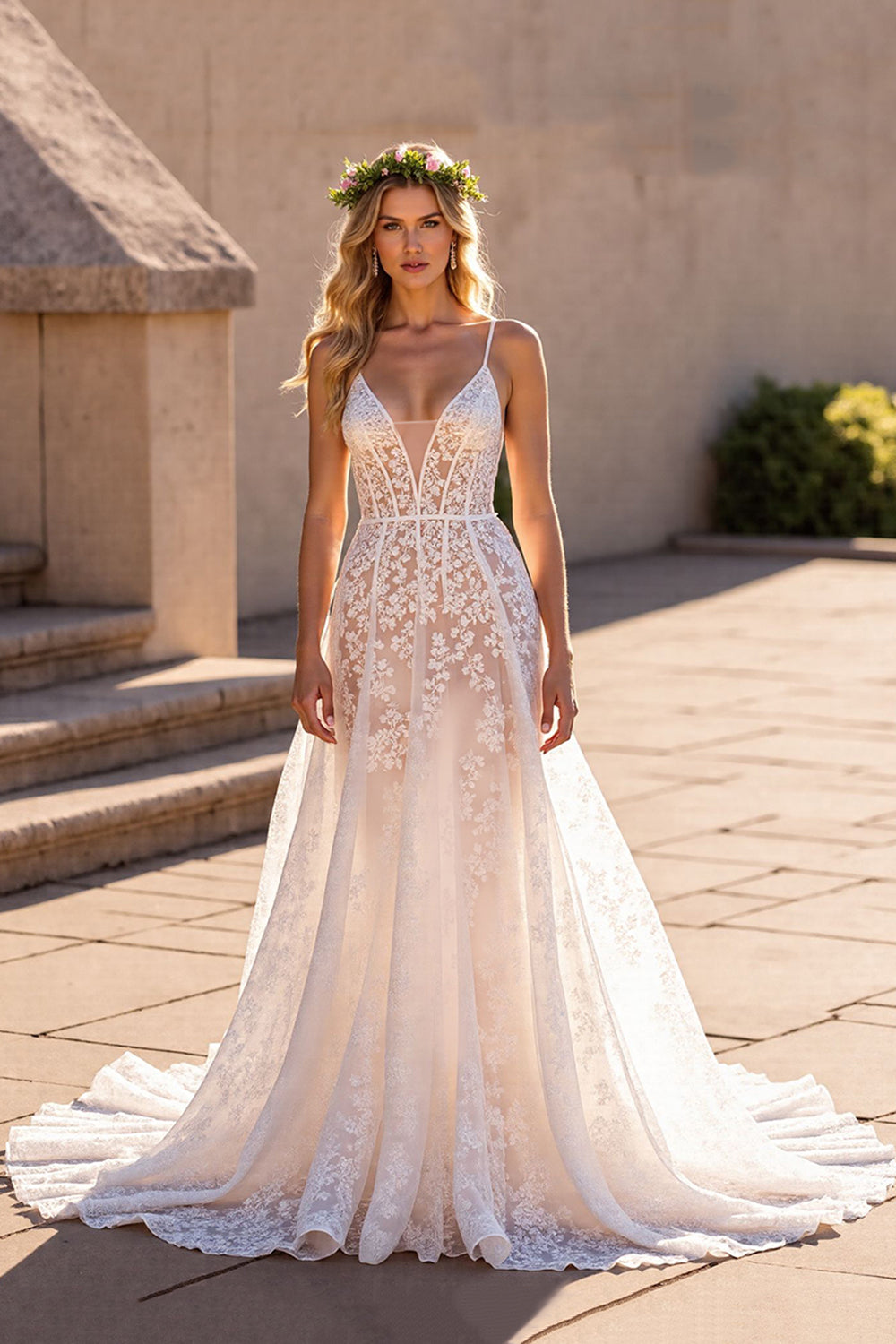 Ivory A Line Lace Corset Deep V-Neck Sweep Train Wedding Dress
