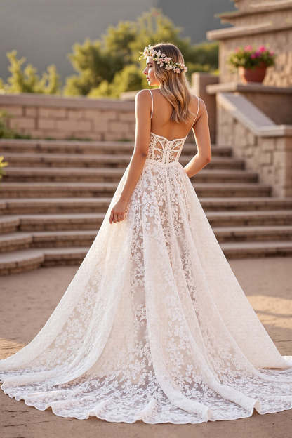 Ivory A Line Lace Corset Deep V-Neck Sweep Train Wedding Dress
