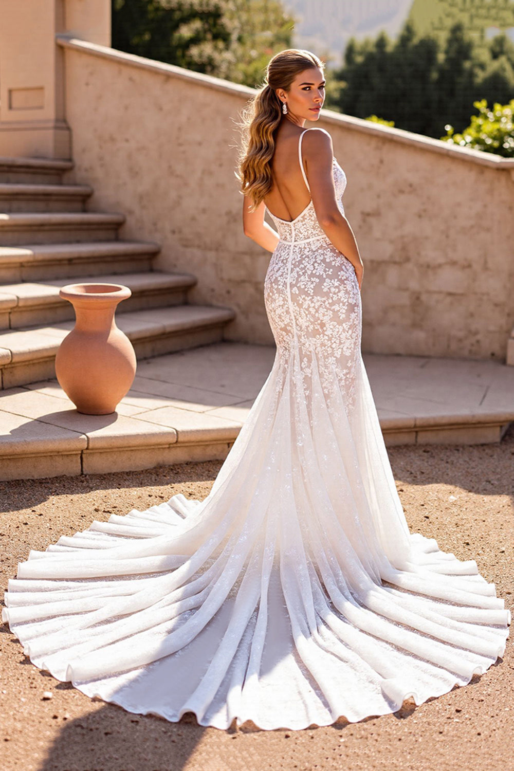 Lace Corset Spaghetti Straps Mermaid Ivory Sweep Train Wedding Dress