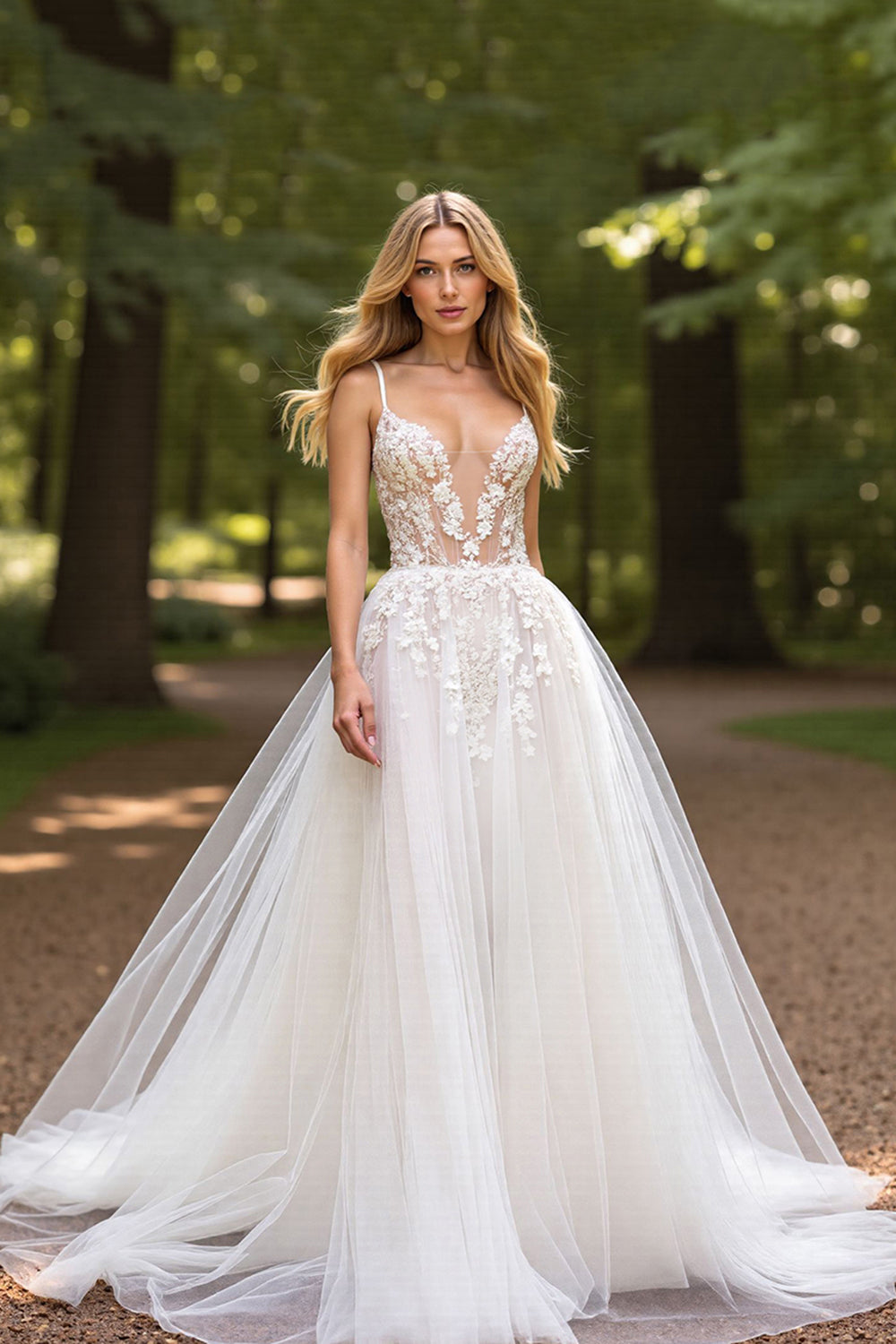 Leely Women Ivory Tulle Ball Gown Wedding Dress Deep V-Neck Sweep Train Backless Bridal Dress with Appliques