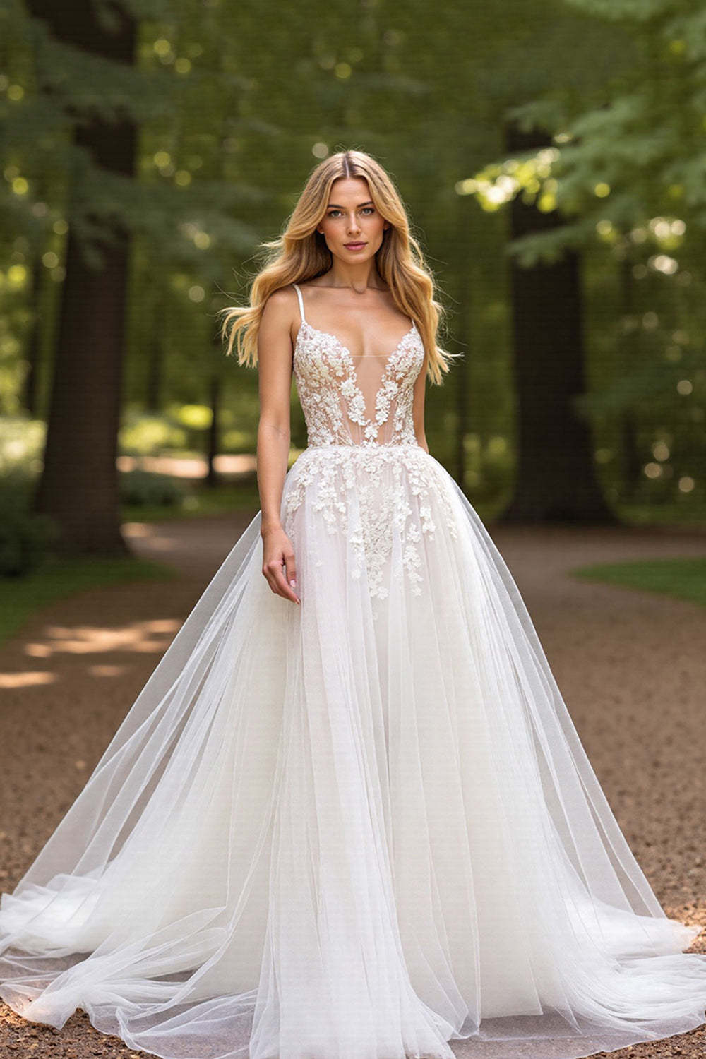 Leely Women Ivory Tulle Ball Gown Wedding Dress Deep V-Neck Sweep Train Backless Bridal Dress with Appliques