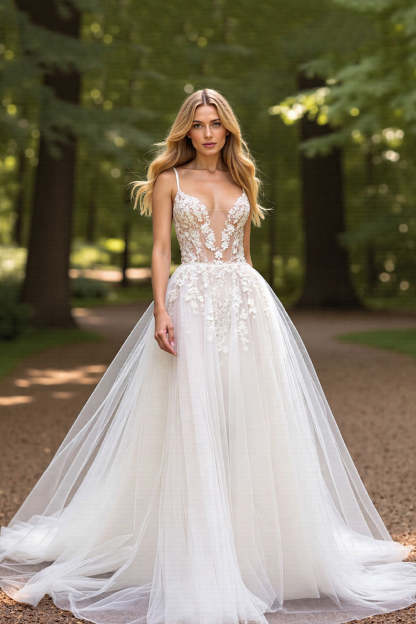 Leely Women Ivory Tulle Ball Gown Wedding Dress Deep V-Neck Sweep Train Backless Bridal Dress with Appliques