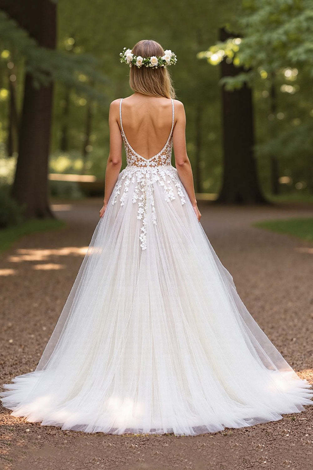 Deep V-Neck Tulle Ball Gown Ivory Wedding Dress with Appliques