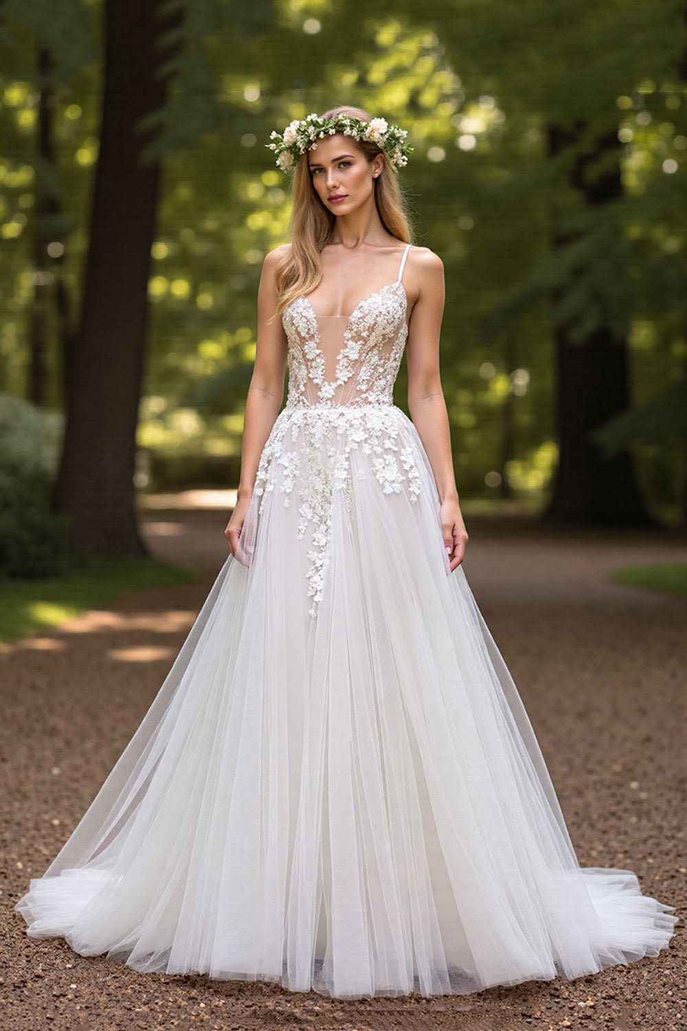 Deep V-Neck Tulle Ball Gown Ivory Wedding Dress with Appliques