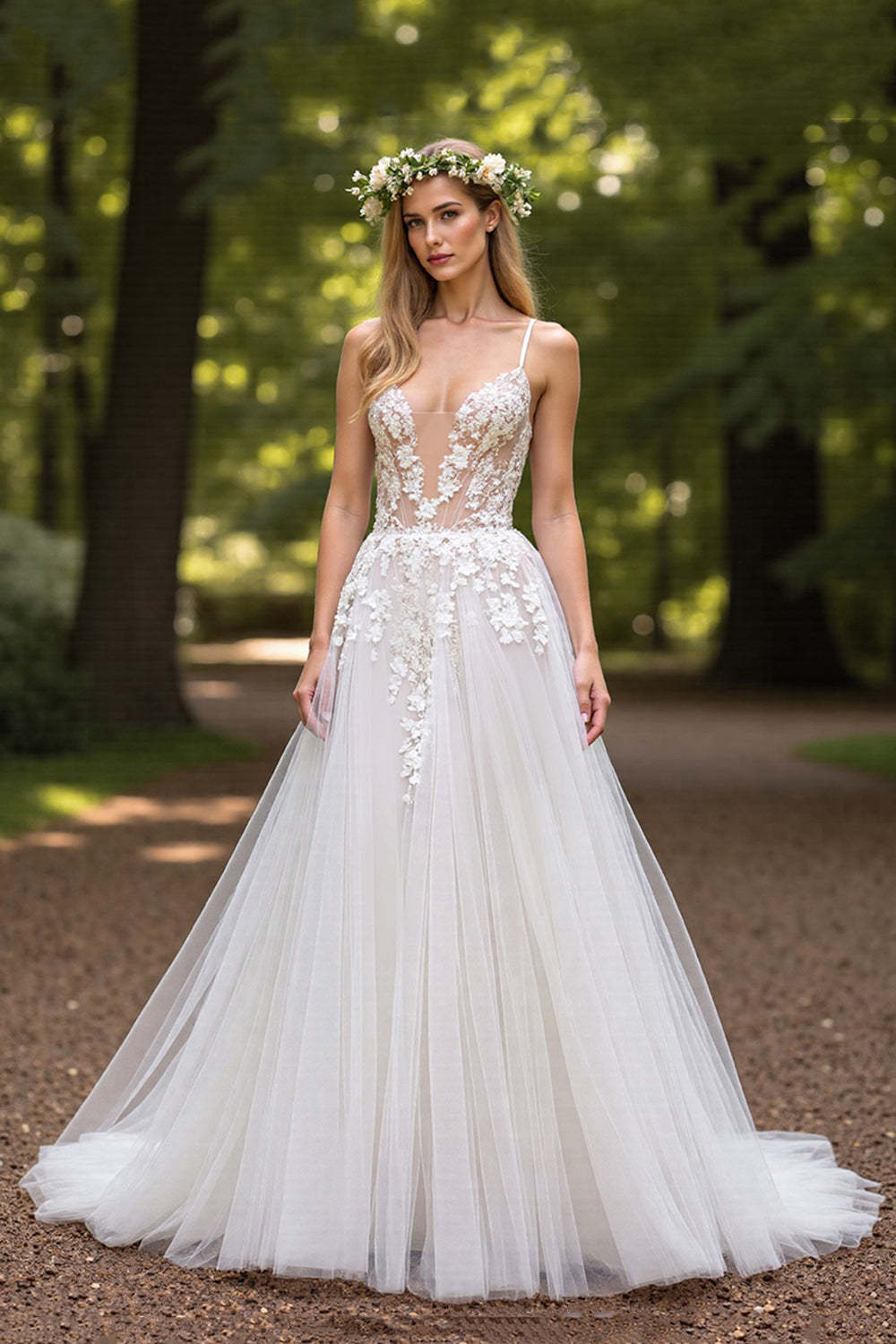 Deep V-Neck Tulle Ball Gown Ivory Wedding Dress with Appliques