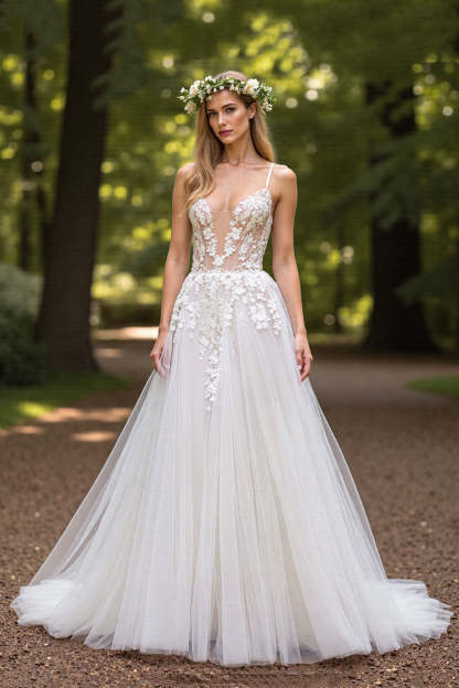Deep V-Neck Tulle Ball Gown Ivory Wedding Dress with Appliques