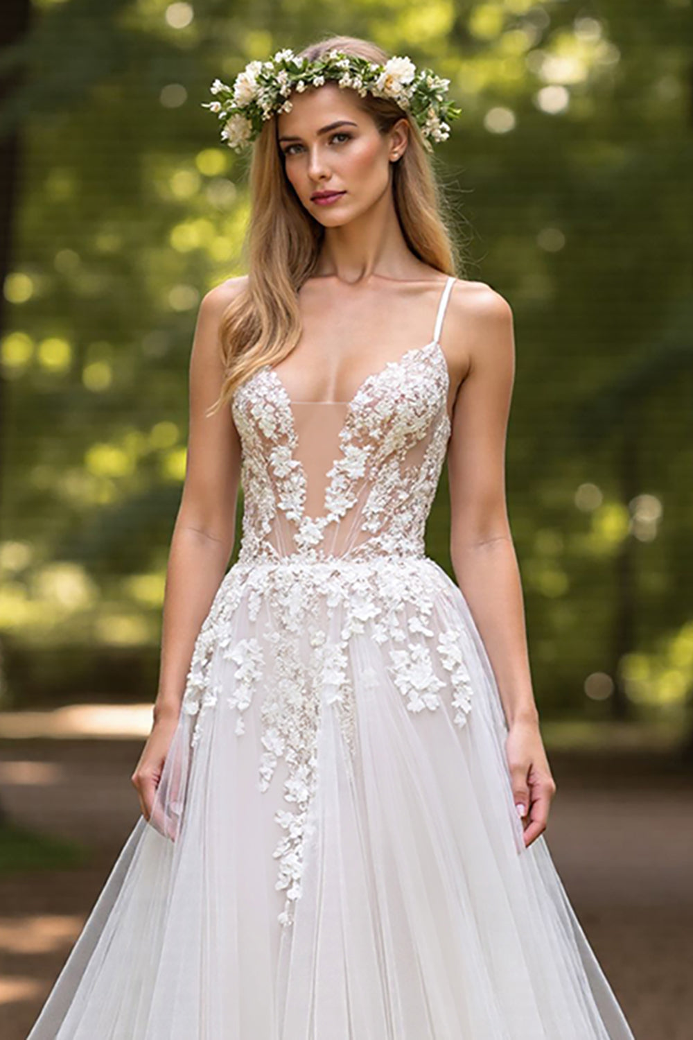 Deep V-Neck Tulle Ball Gown Ivory Wedding Dress with Appliques