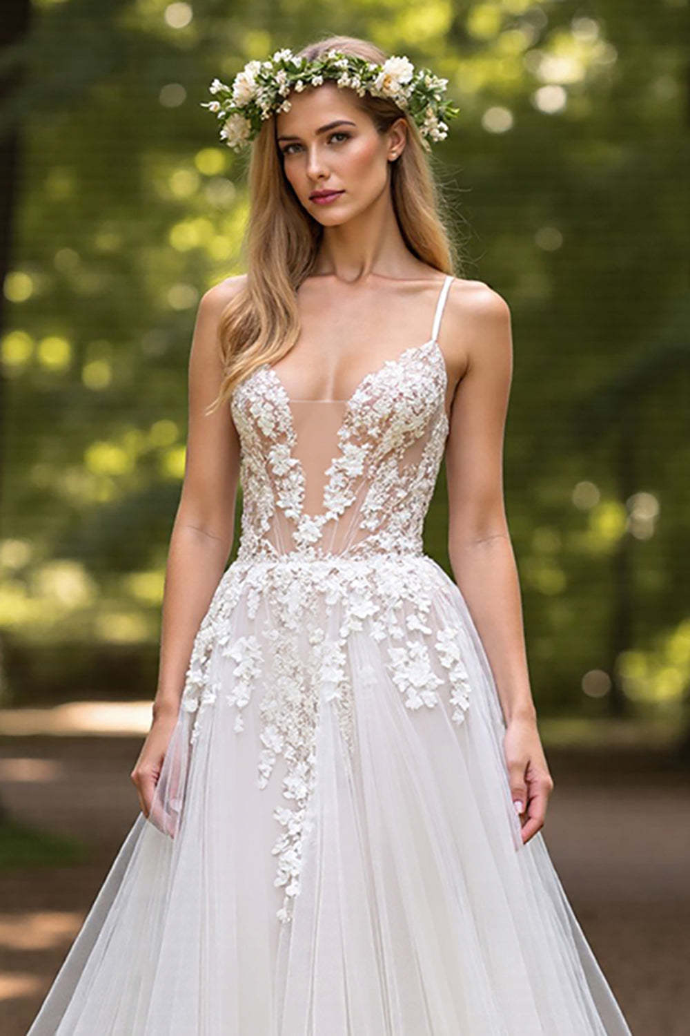 Deep V-Neck Tulle Ball Gown Ivory Wedding Dress with Appliques