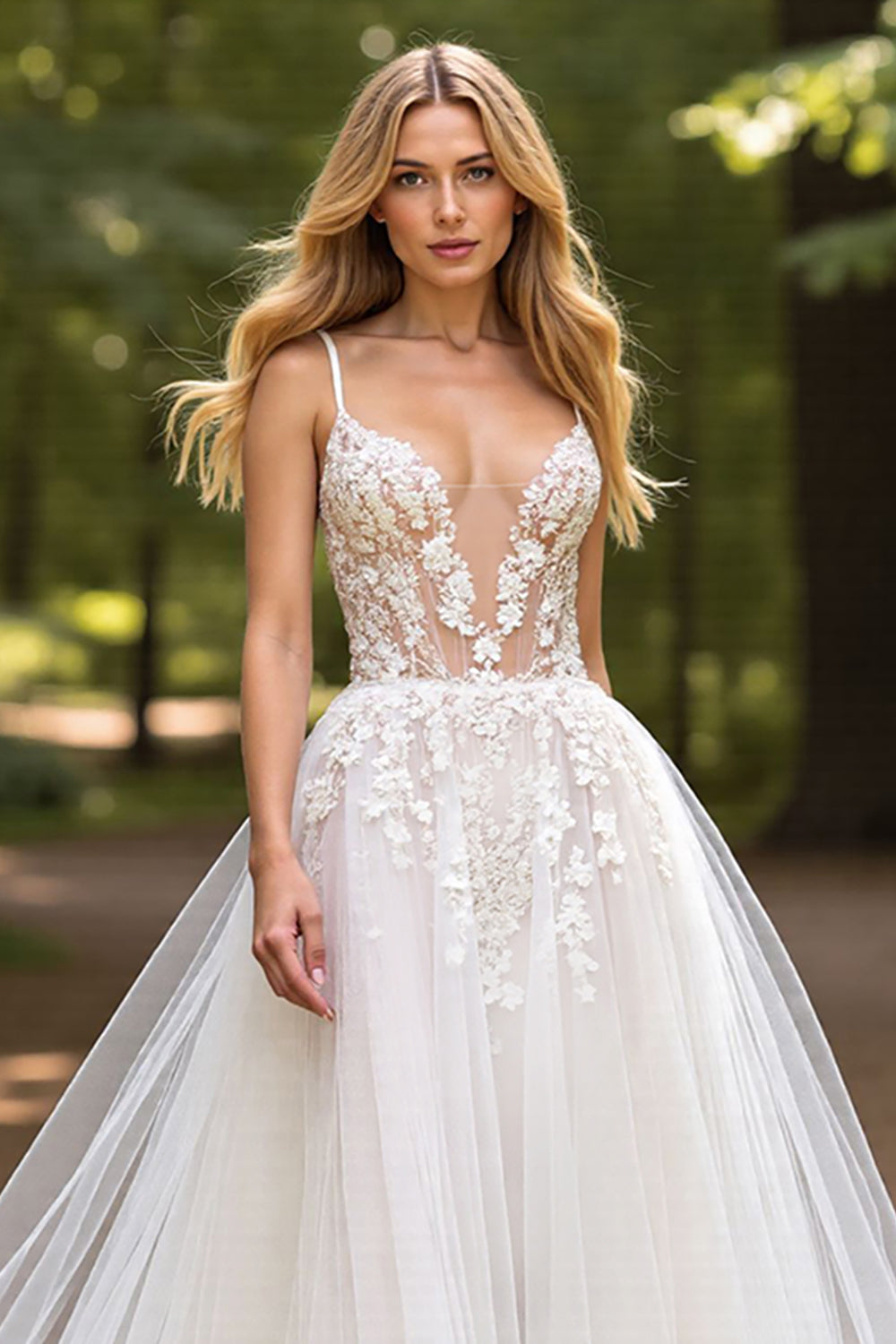 Deep V-Neck Tulle Ball Gown Ivory Wedding Dress with Appliques