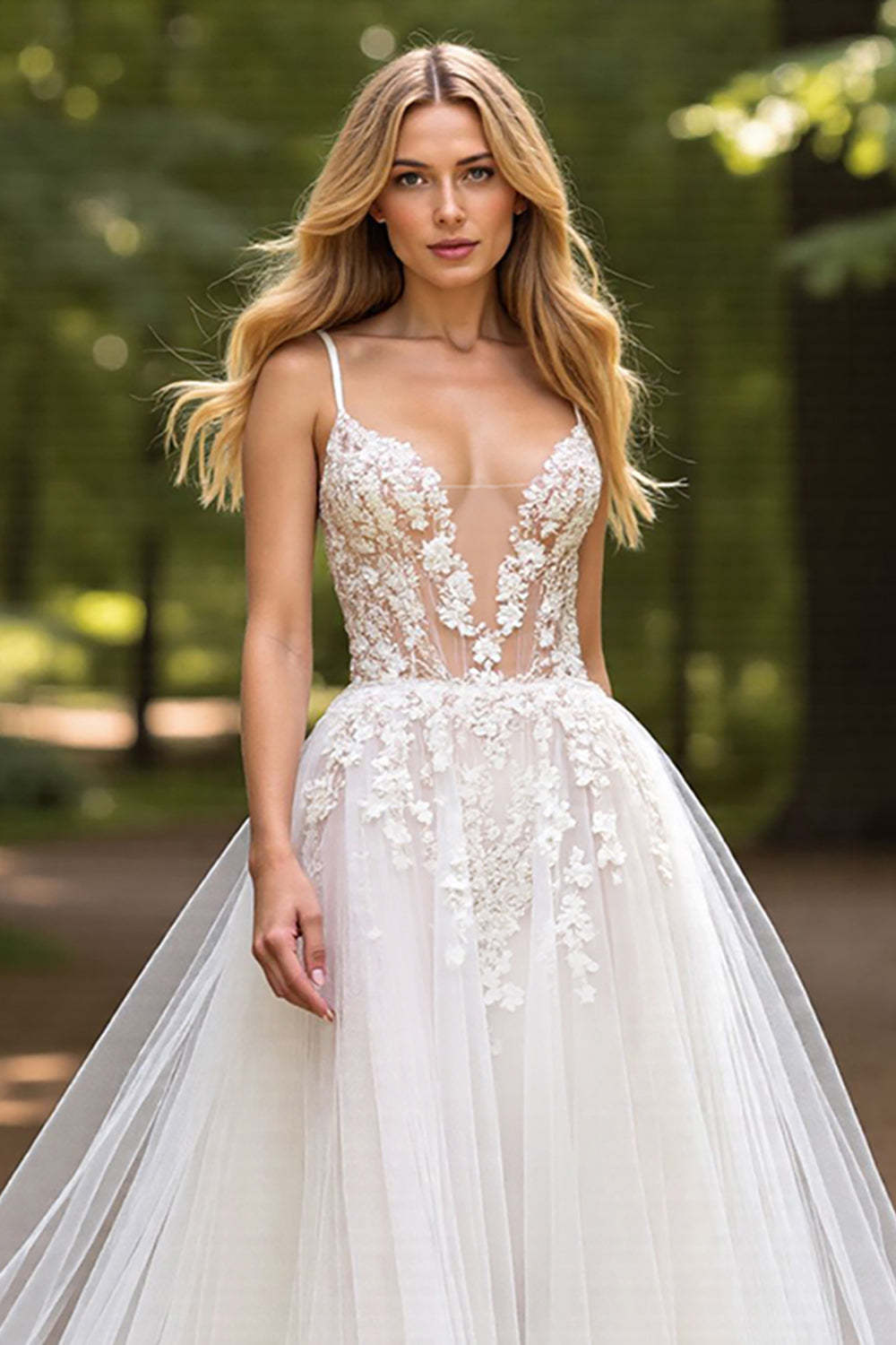 Deep V-Neck Tulle Ball Gown Ivory Wedding Dress with Appliques