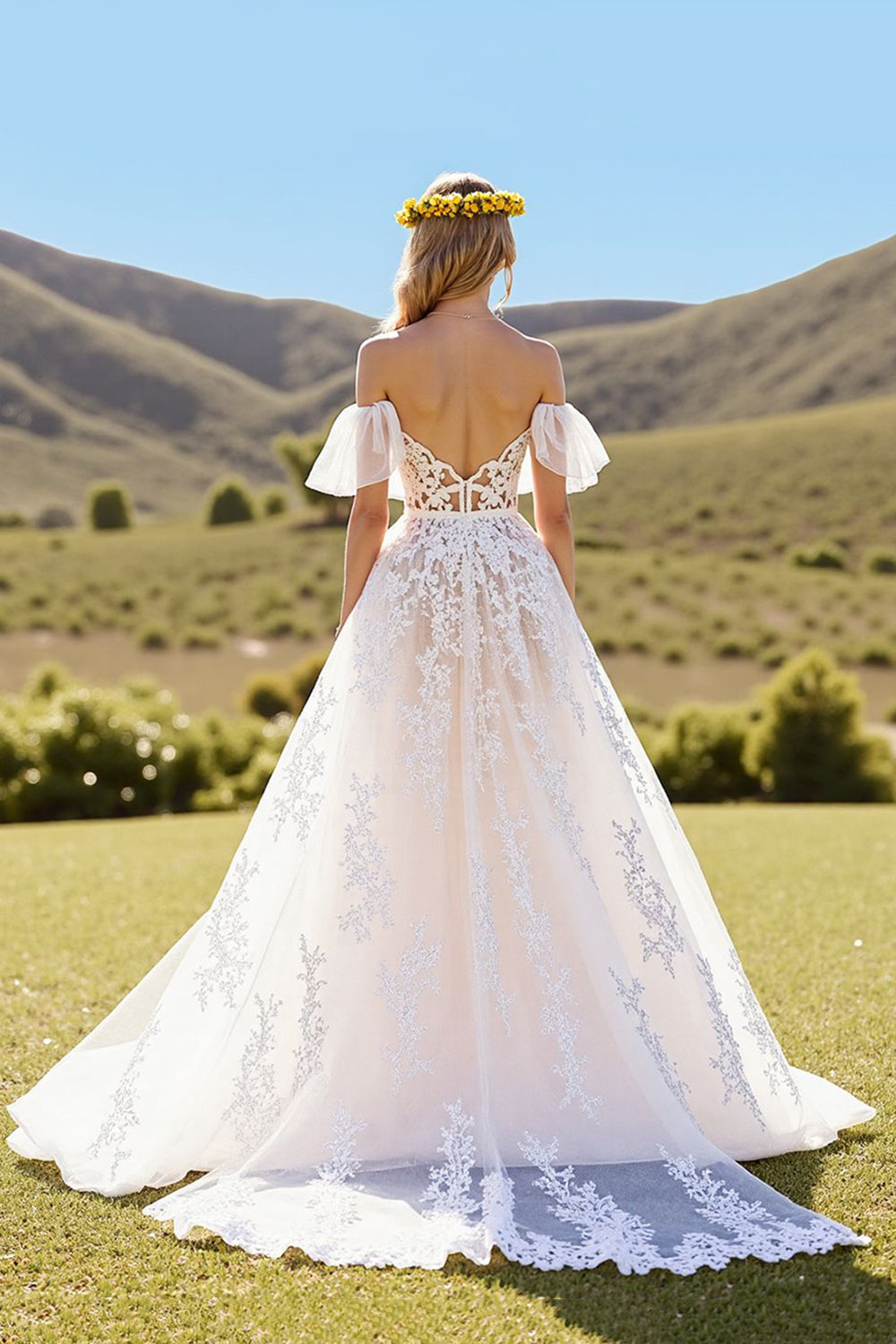Ivory Tulle Short Sleeves Sweep Train Wedding Dress with Lace