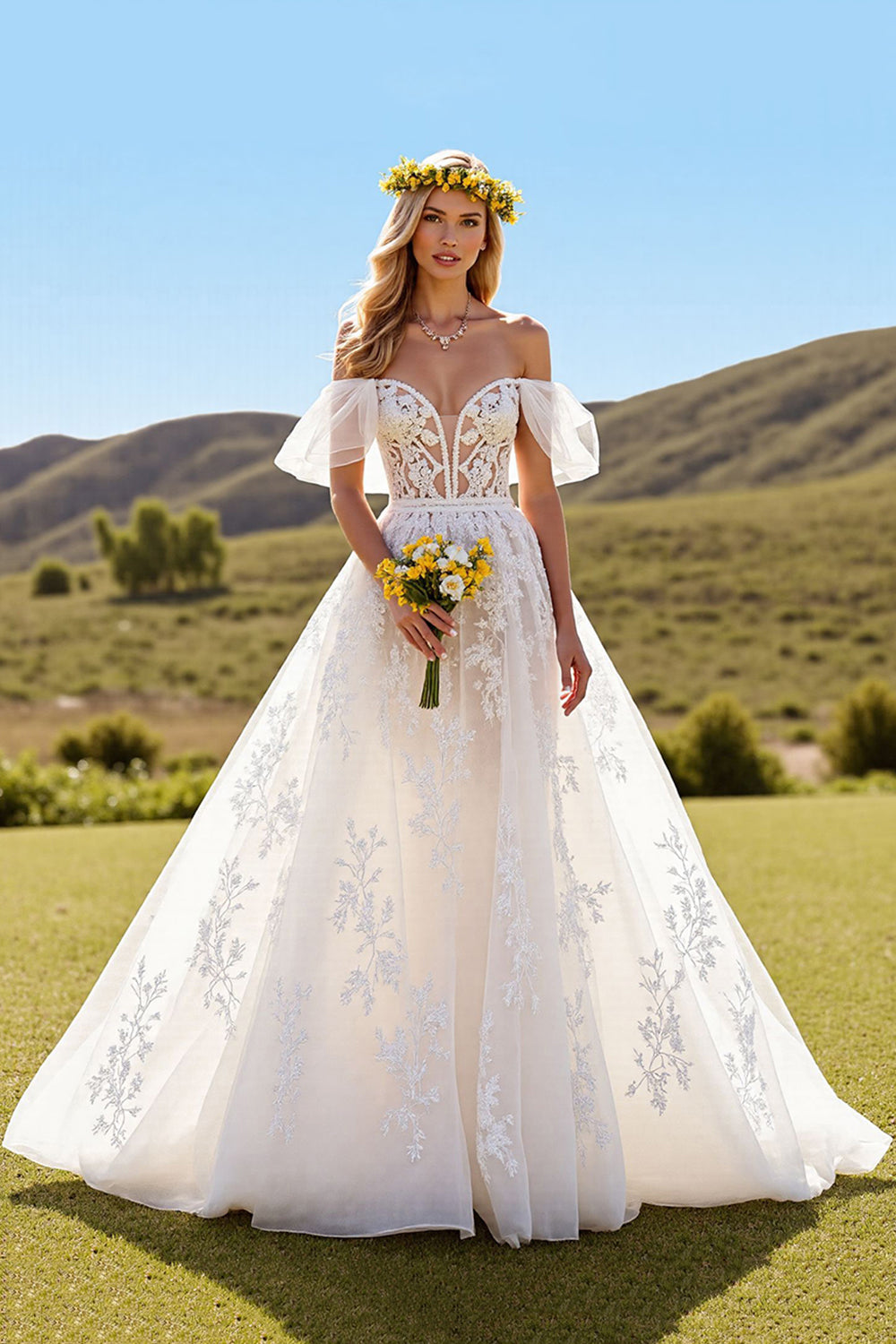 Ivory Tulle Short Sleeves Sweep Train Wedding Dress with Lace