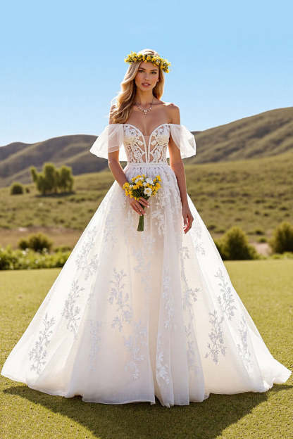 Ivory Tulle Short Sleeves Sweep Train Wedding Dress with Lace