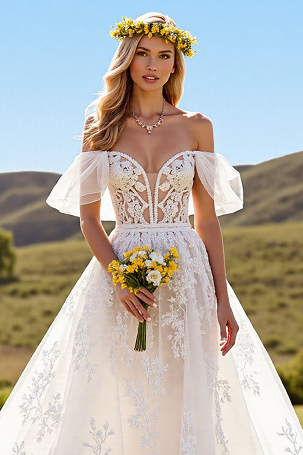 Ivory Tulle Short Sleeves Sweep Train Wedding Dress with Lace